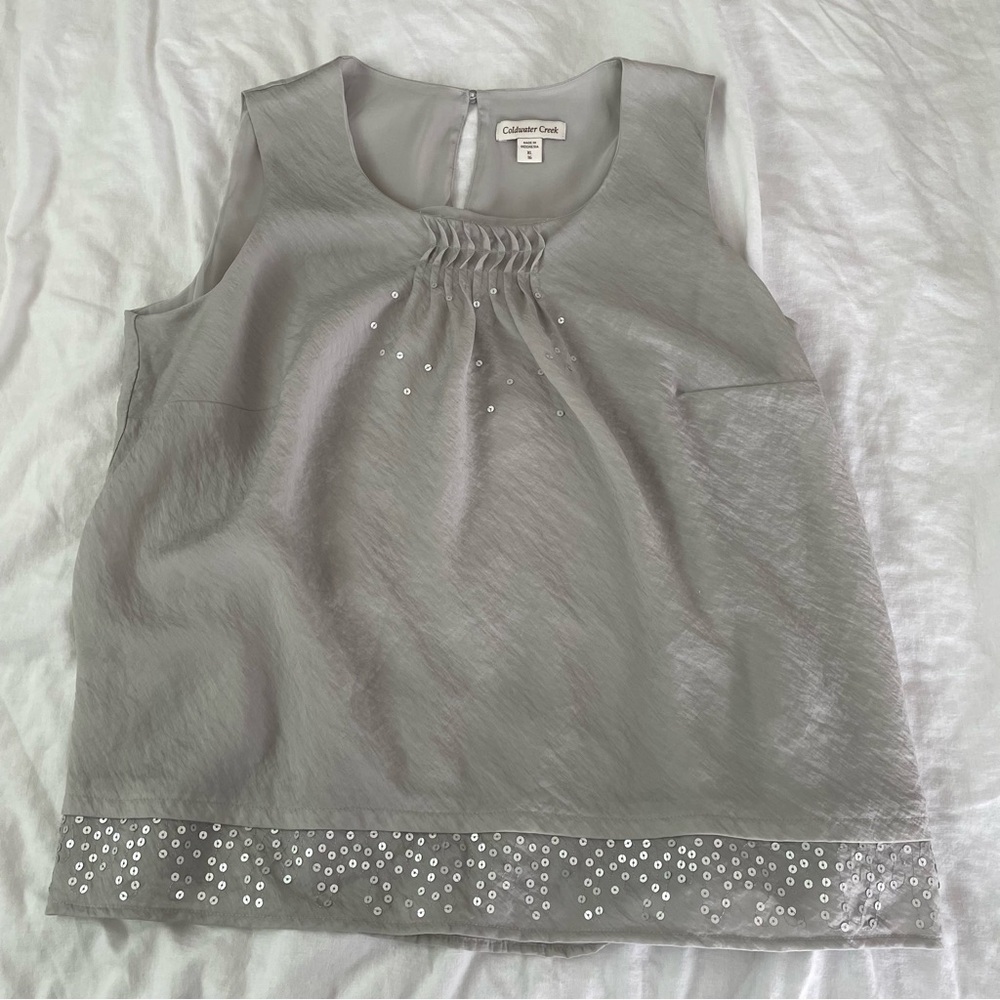 Coldwater Creek XL/16 Crinkle Lyocell Nylon Tank Top Sequins gray silver pintuck